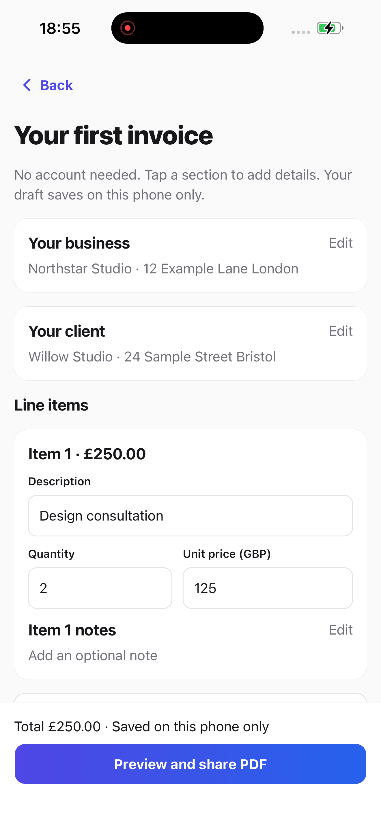 Experi iPhone app showing a draft invoice for a design consultation