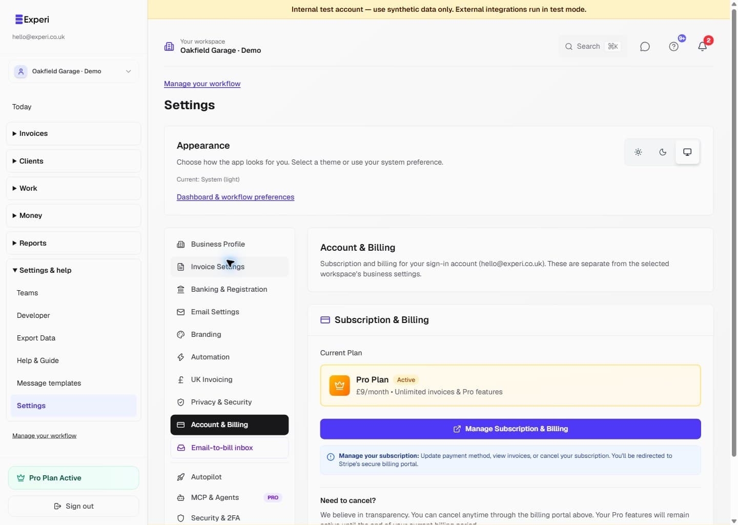 Account & Billing for the demo sign-in, with Pro status and the Manage Subscription & Billing entry point.