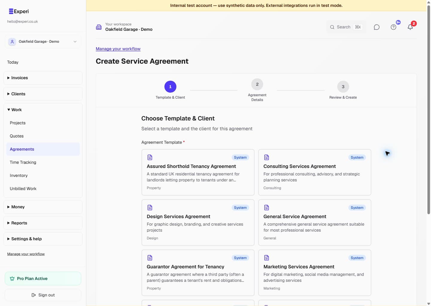 Experi New Service Agreement wizard showing a client selector and reusable agreement template choices.