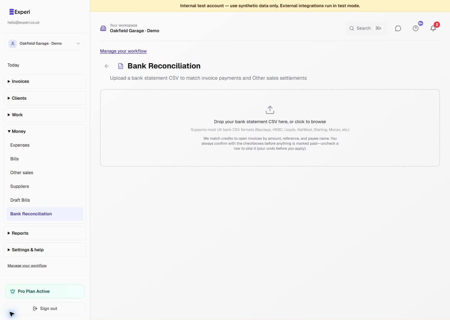 Bank reconciliation upload area explaining review and match confirmation.