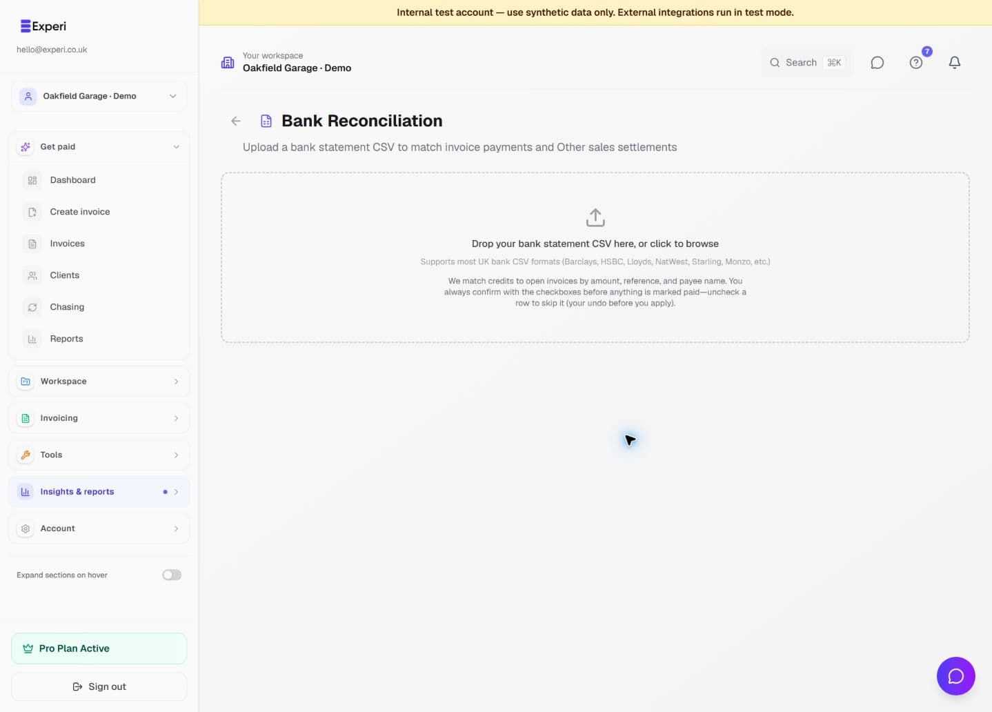 Bank reconciliation upload area explaining review and match confirmation.