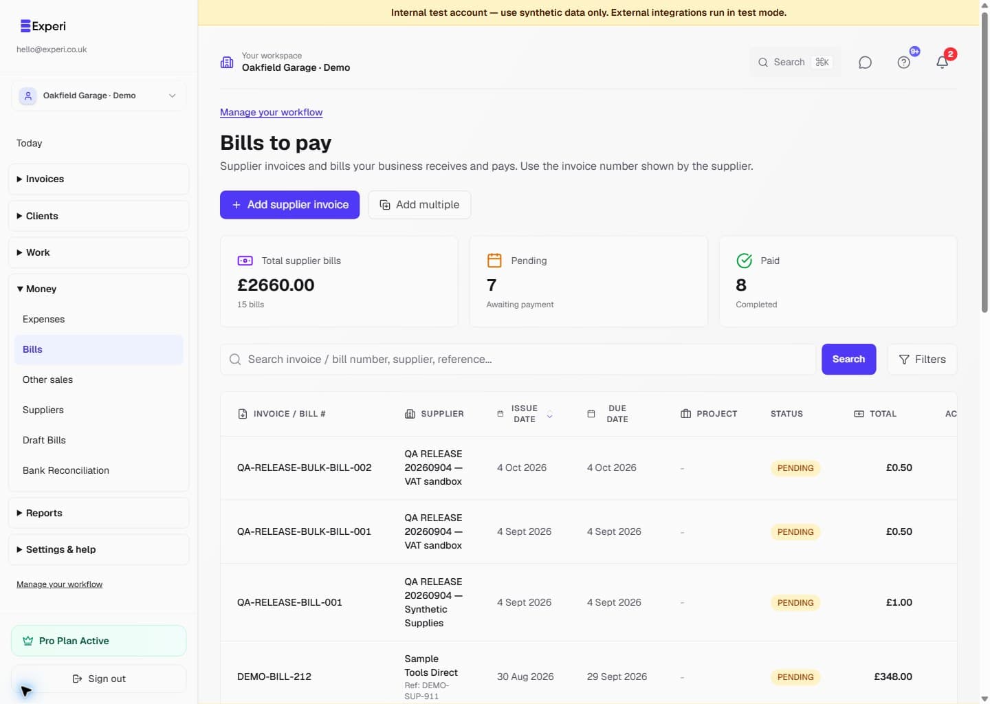 Bills list with fictional supplier invoices, pending balances and paid records.