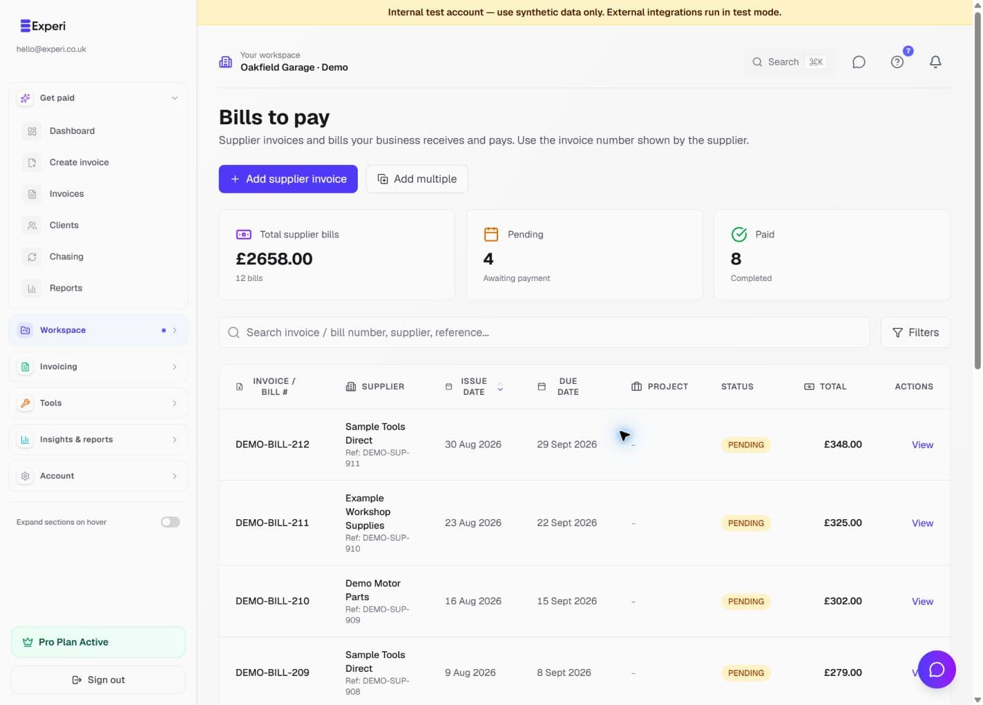 Bills list with fictional supplier invoices, pending balances and paid records.