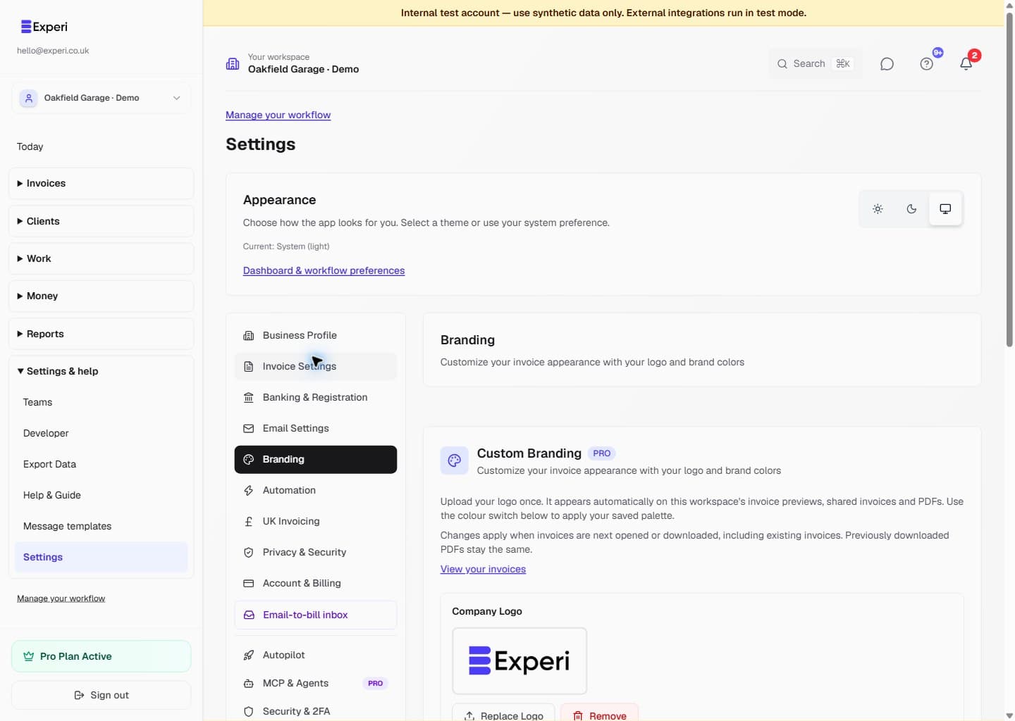 Experi Branding settings with a business logo, supported upload formats, brand colour controls and an explanation of where the branding appears.