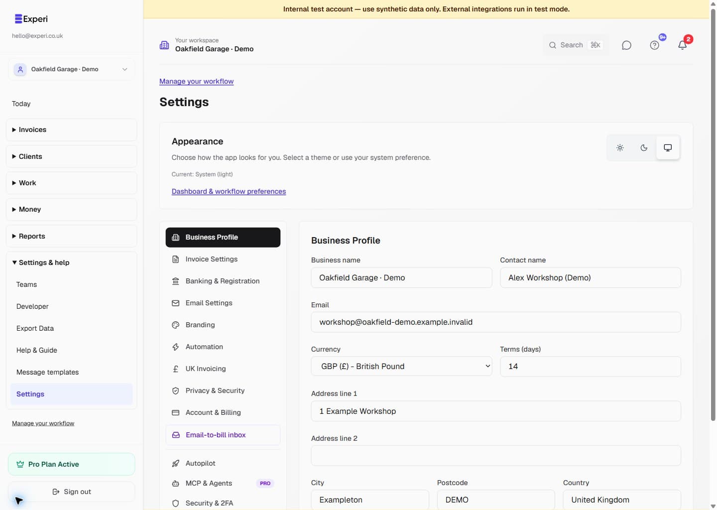 Business Profile settings for fictional Oakfield Garage, with contact details, business address, default currency and payment terms.