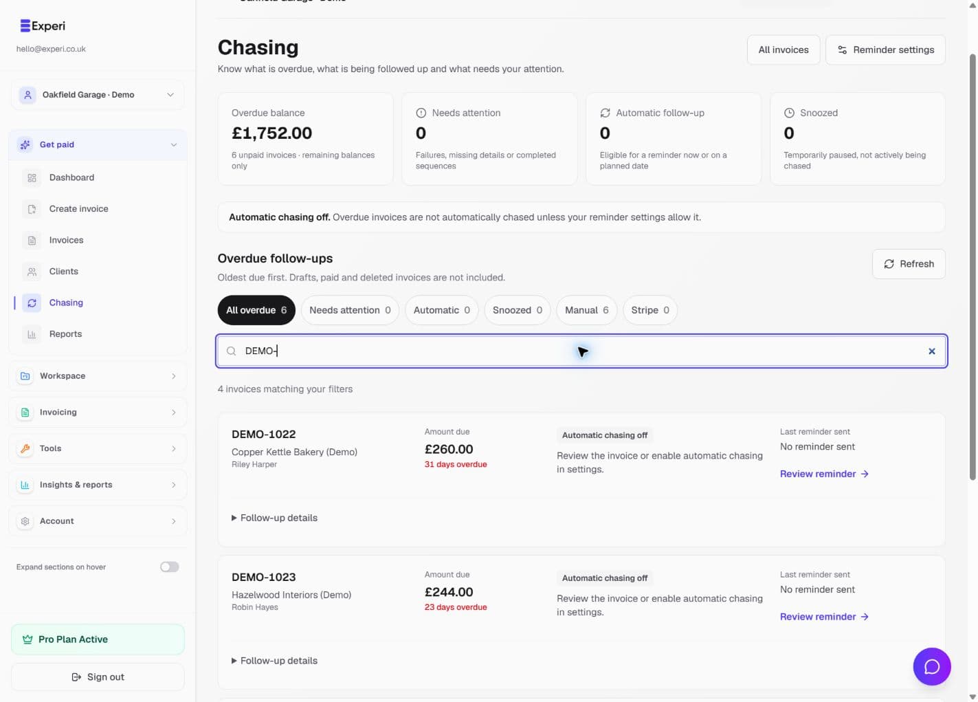 Chasing filtered to fictional overdue invoices with automation turned off.