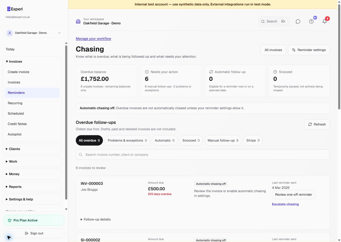 Chasing filtered to fictional overdue invoices with automation turned off.