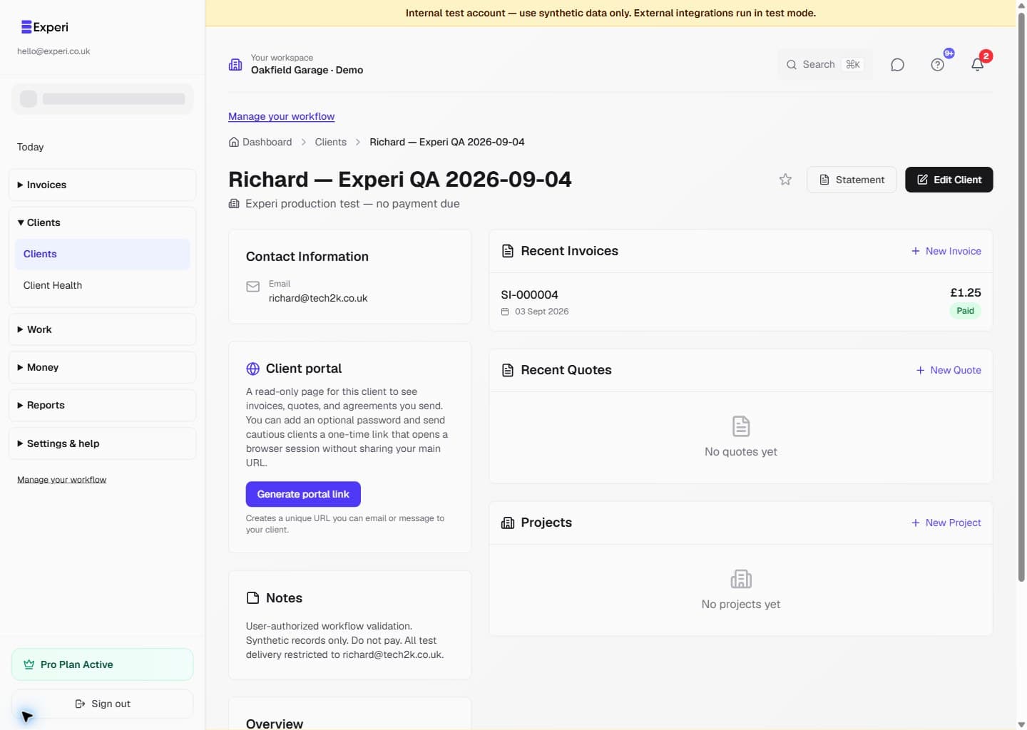 Fictional client record with related invoices, quotes, projects and portal controls.