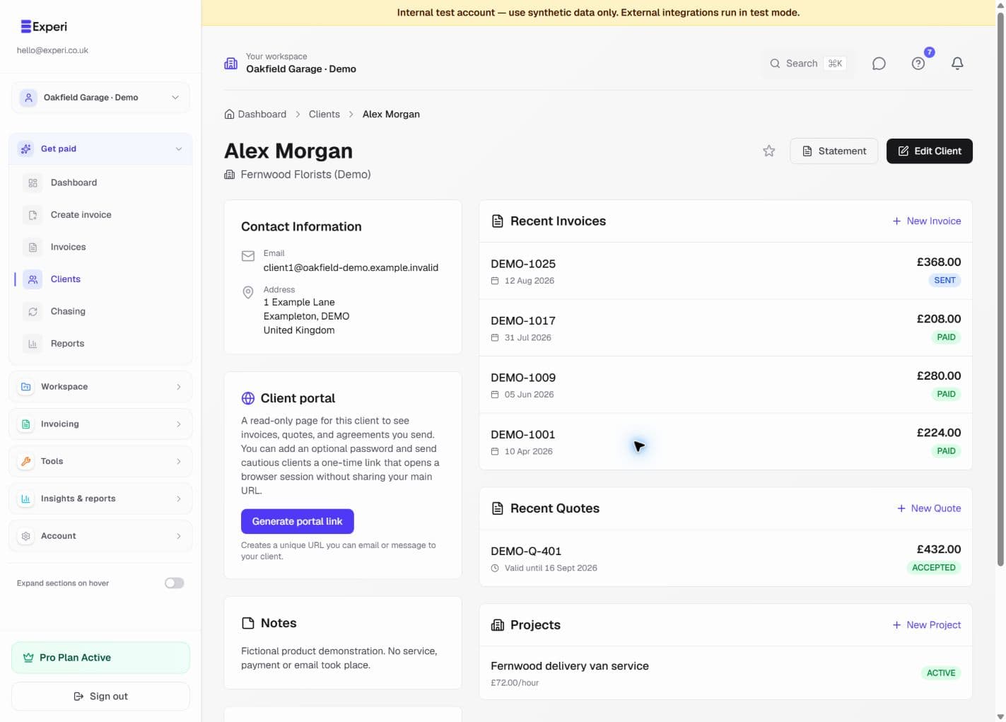 Fictional client record with related invoices, quotes, projects and portal controls.
