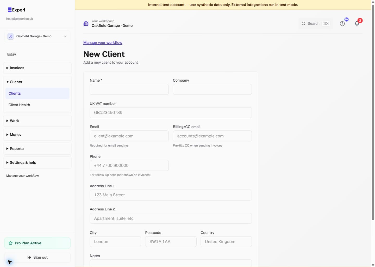 Experi New Client form with name, company, billing email, copy recipient, phone and address fields ready to complete.