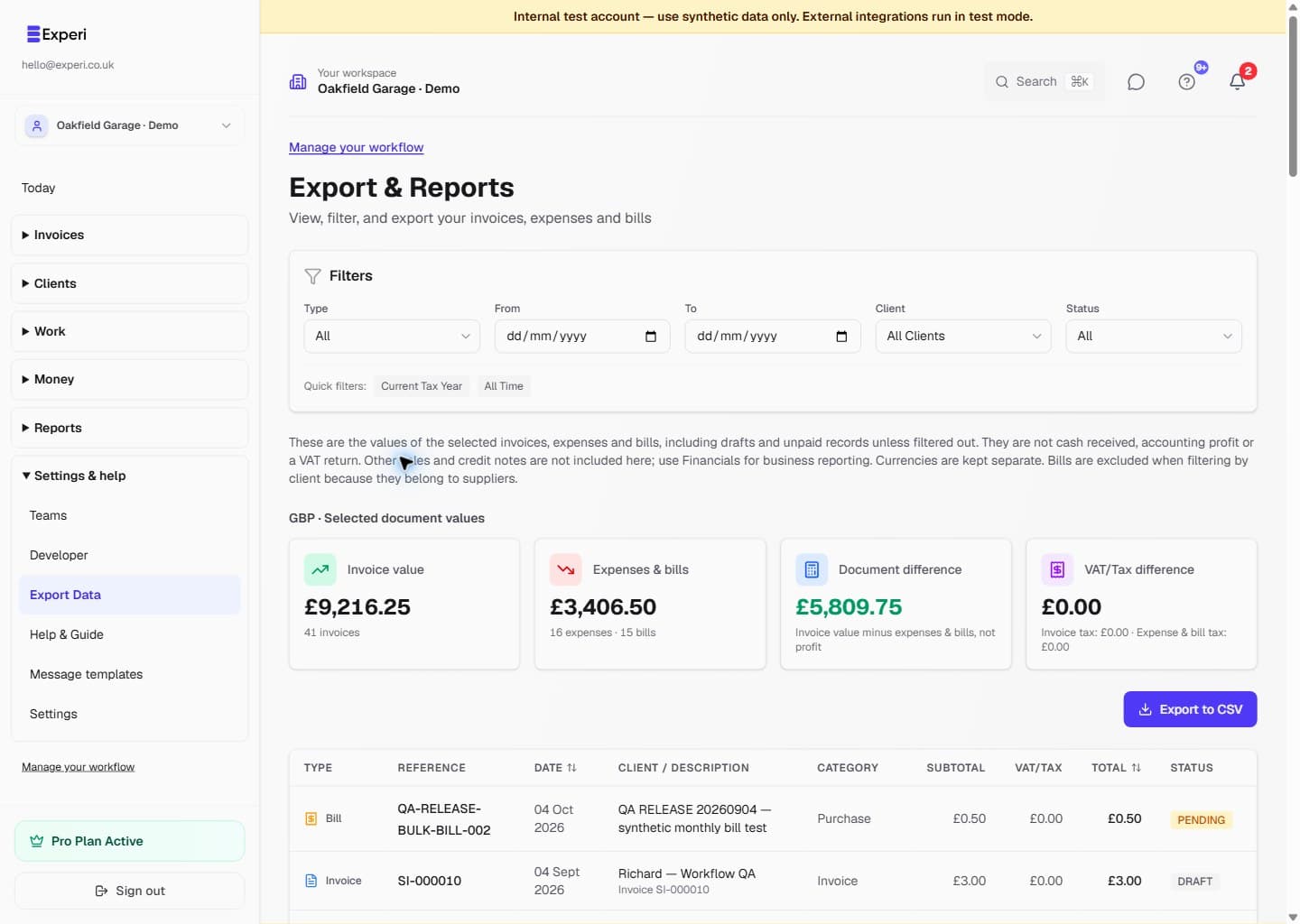 Export and Reports filtered to four fictional Jamie Ellis invoices, showing status, date, totals and the Export to CSV action.