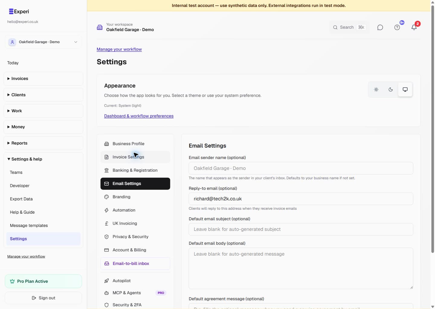 Email Settings showing sender name, reply-to address and default invoice and agreement message fields.