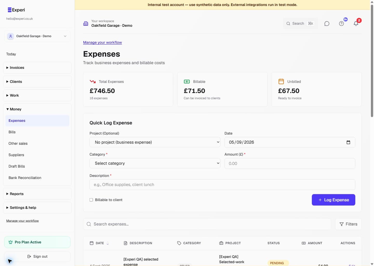 Expense form with project, date, category, amount and billable controls.