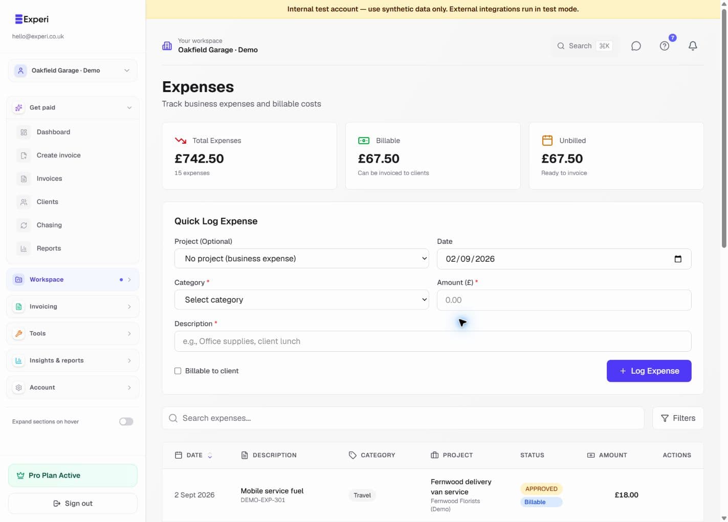 Expense form with project, date, category, amount and billable controls.