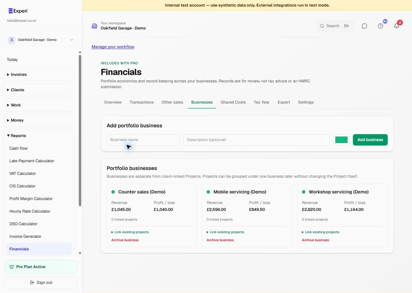 Financials Businesses page with three fictional counter-sales, mobile-servicing and workshop-servicing classifications.