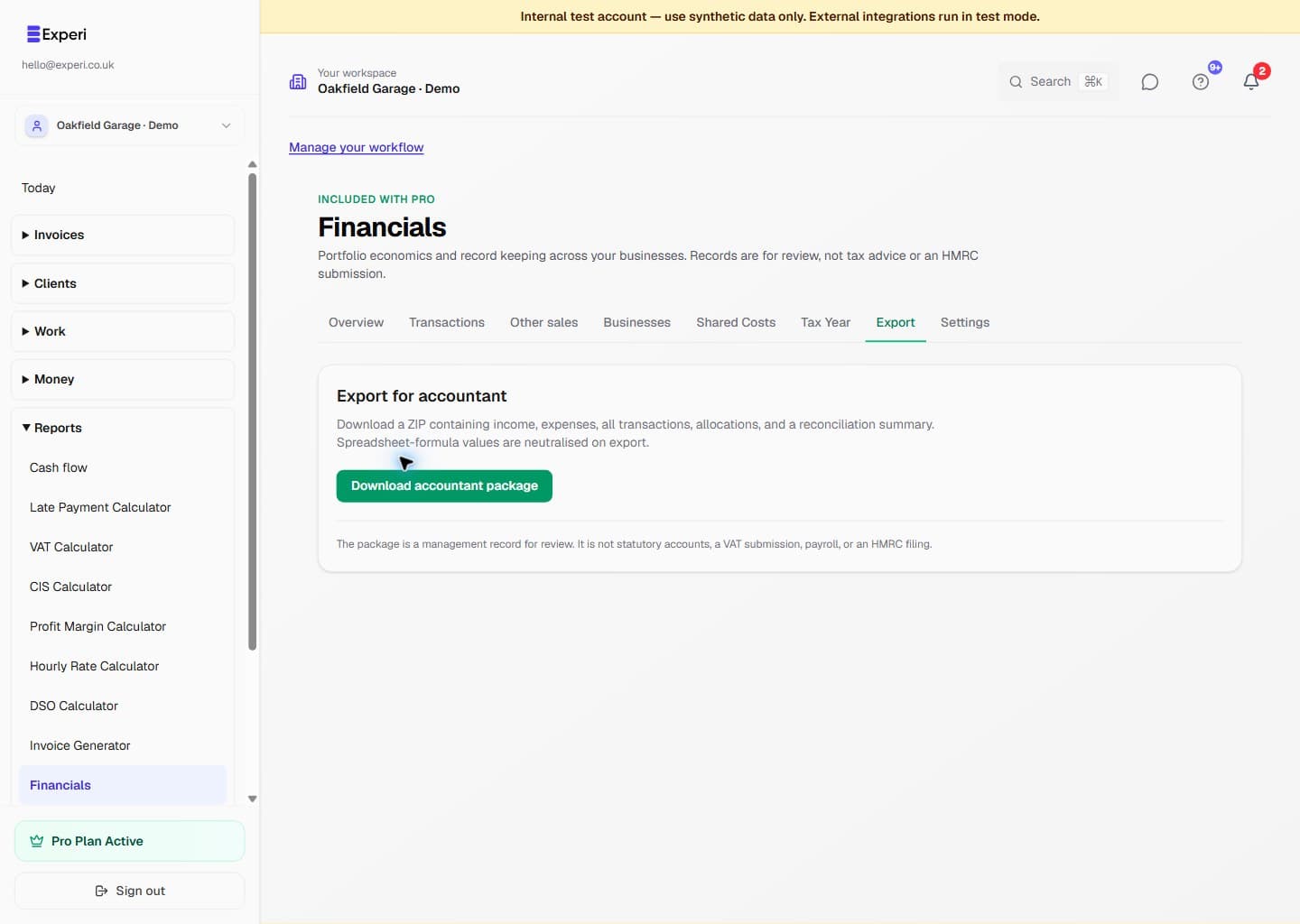 Financials Export tab with the accountant-package download action and its management-record disclaimer.
