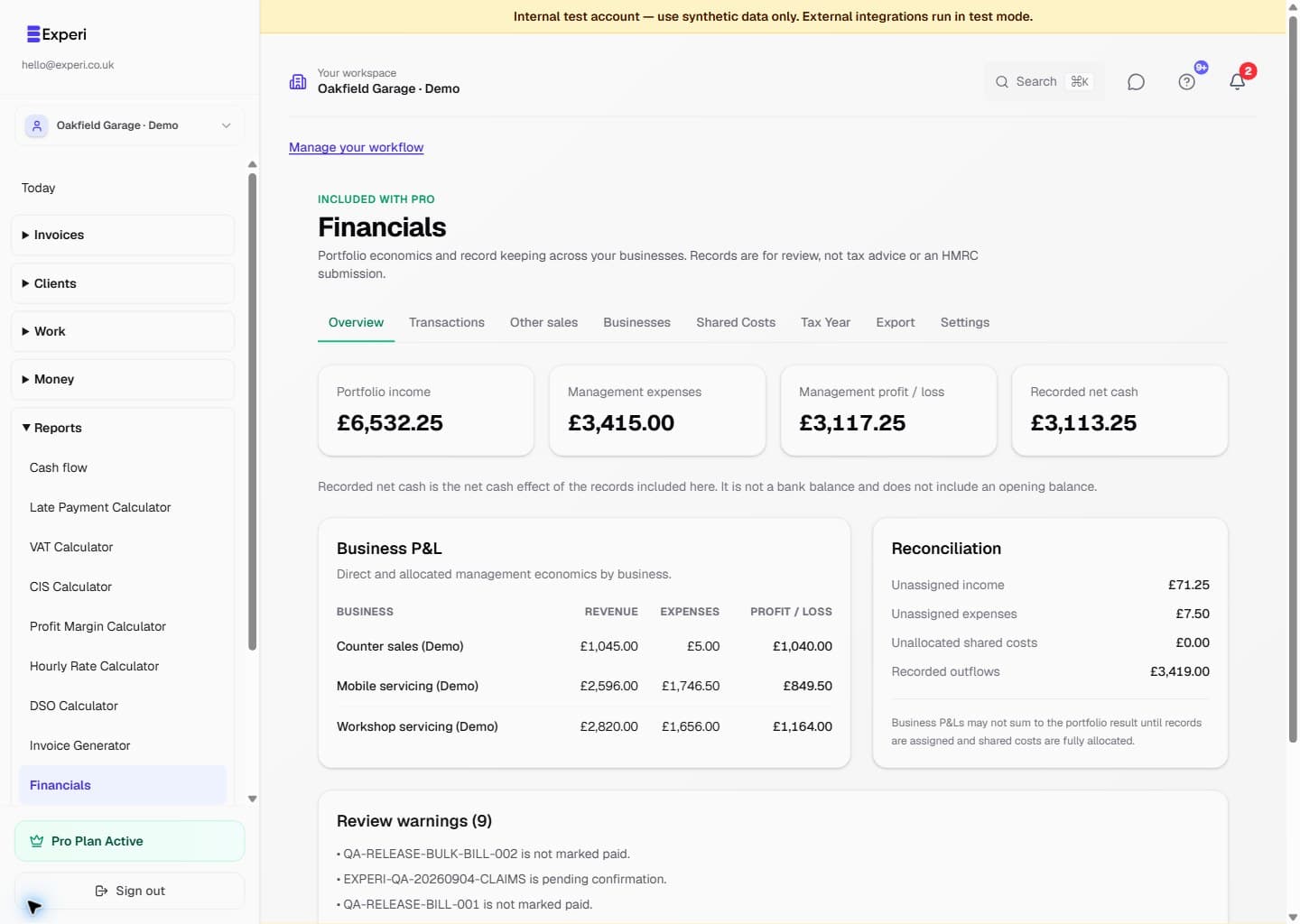 Financials with fictional business classifications, profit/loss and review warnings.