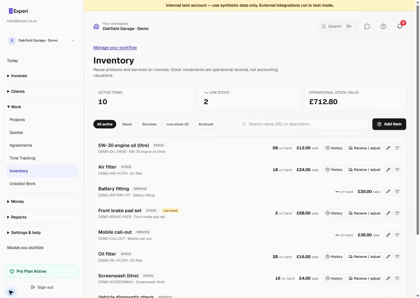 Inventory showing workshop products, services, stock quantities and low-stock indicators.