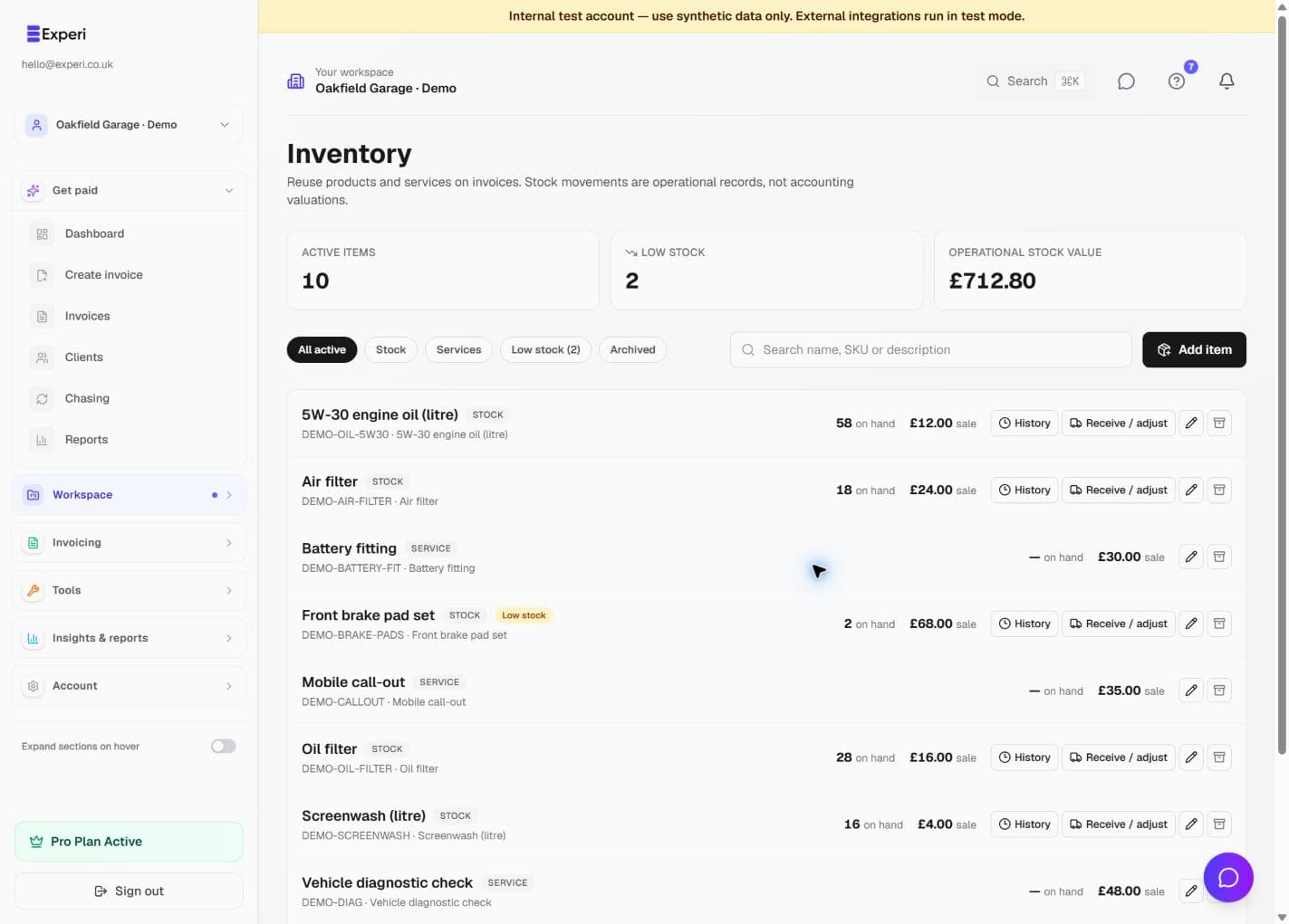 Inventory showing workshop products, services, stock quantities and low-stock indicators.