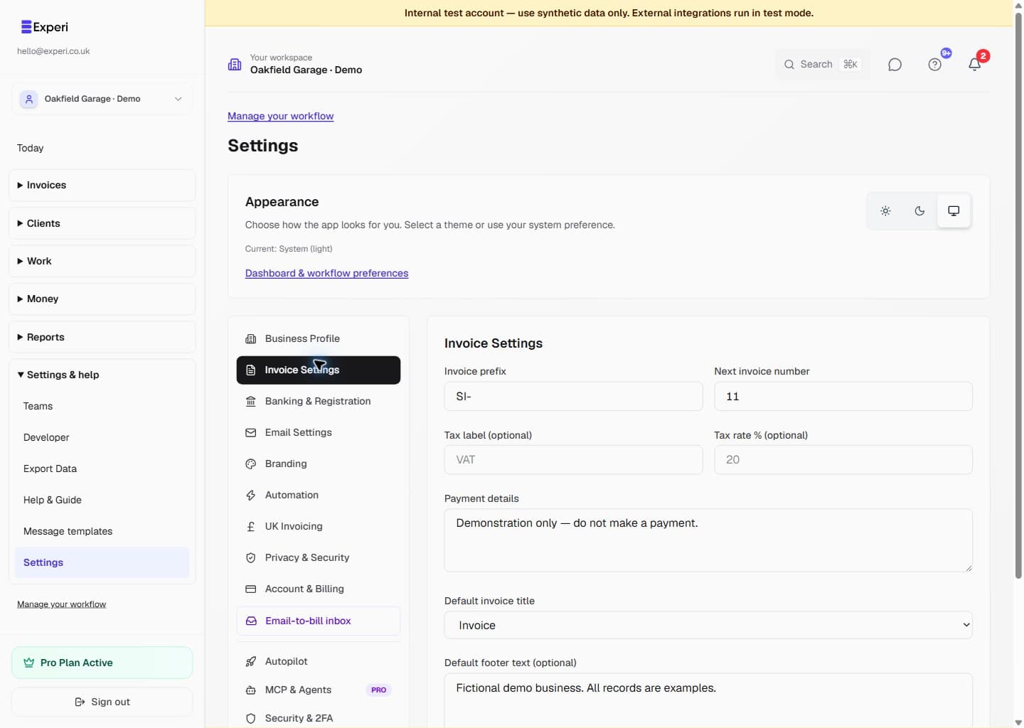 Invoice Settings with numbering prefix, next number, tax placeholders, payment instructions and fictional footer text.