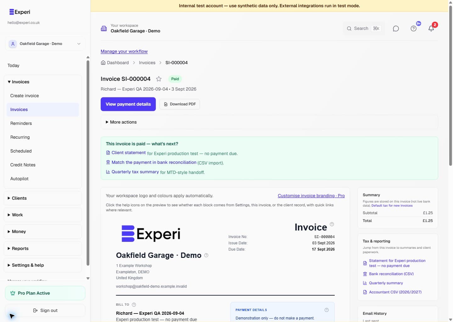 Paid Experi invoice with business branding, customer and line-item details, totals, payment information and follow-up actions.