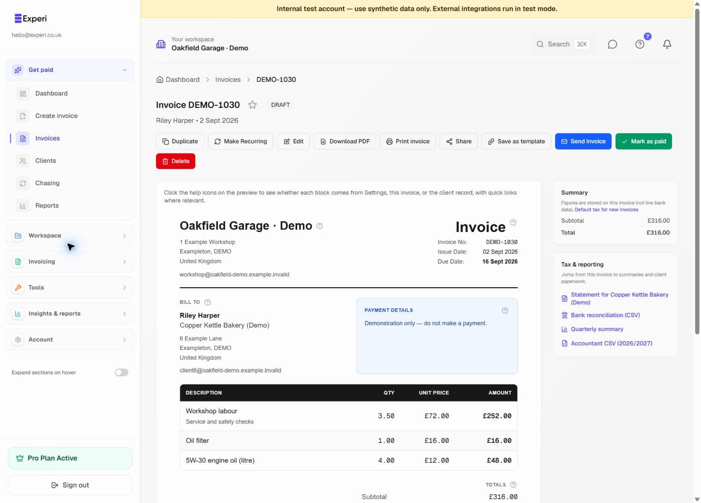 Draft workshop invoice with separate labour and parts lines and its action toolbar.