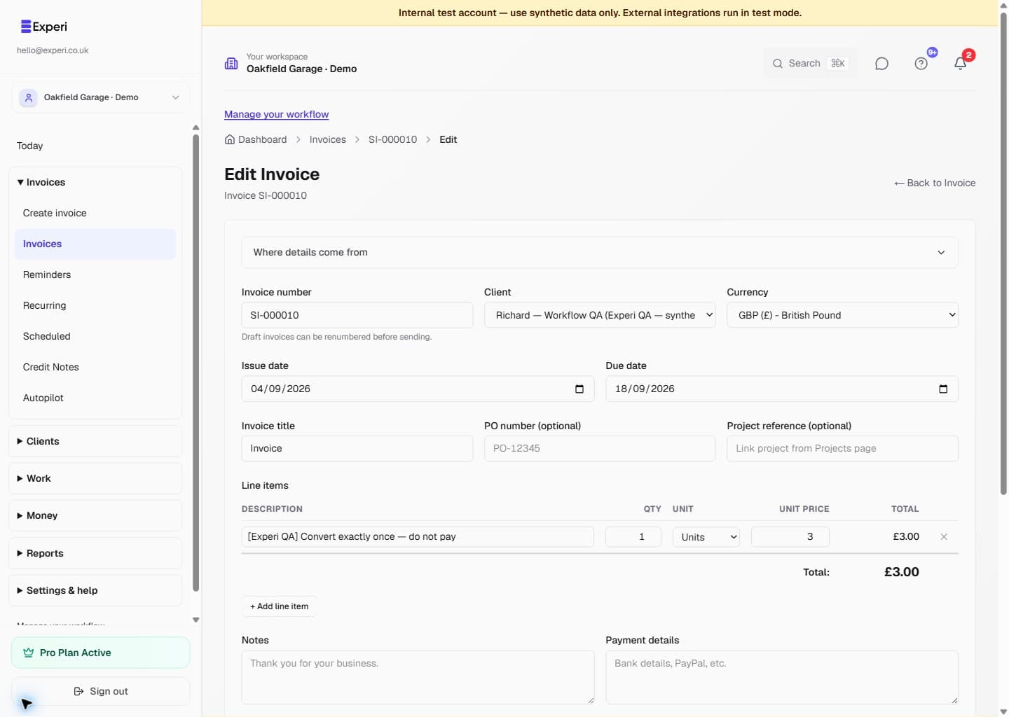 Invoice editor with the fictional client, dates, currency and reusable line items.