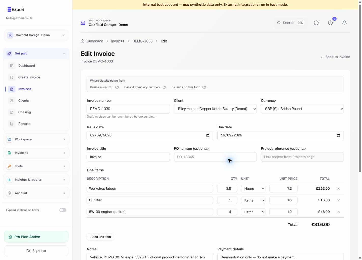 Invoice editor with the fictional client, dates, currency and reusable line items.