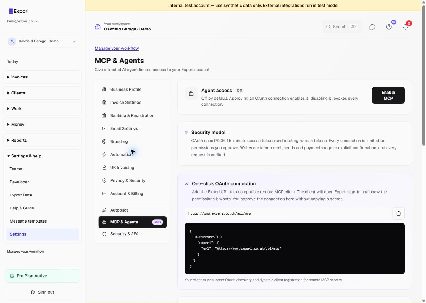 Experi MCP and Agents settings with agent access off, an OAuth security explanation, the MCP endpoint and a compatible client configuration example.