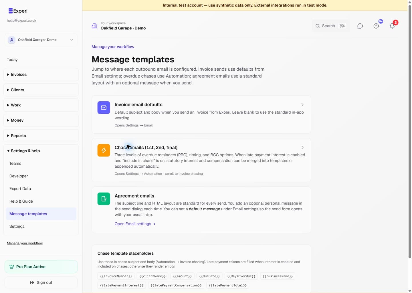 Experi Message Templates settings for reusable invoice, quote and agreement email wording.