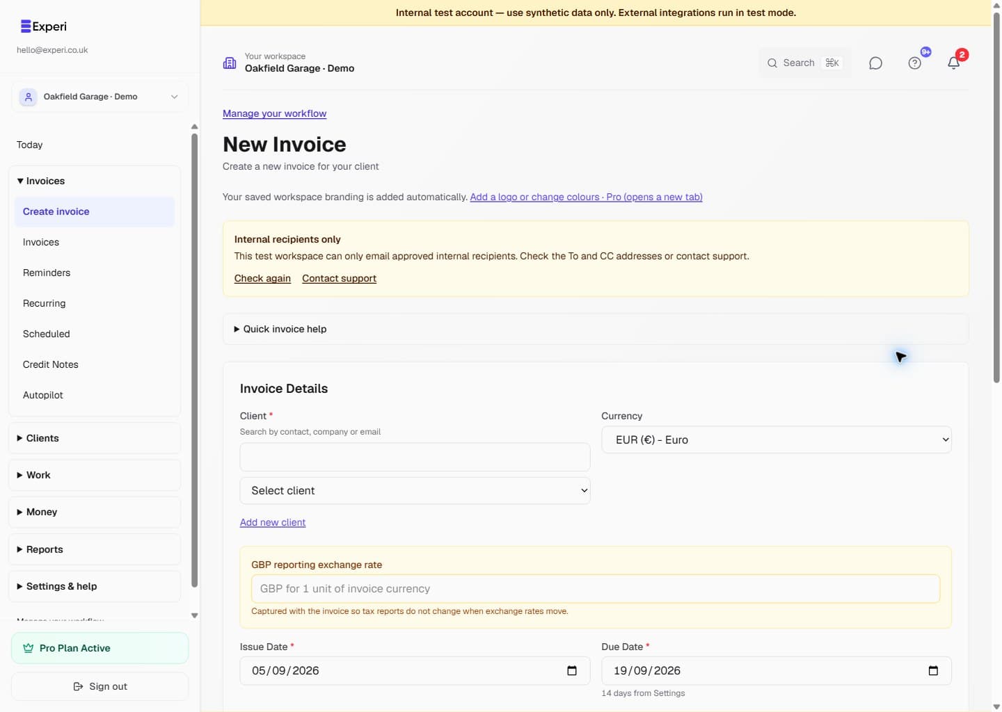 Unsaved Experi invoice with EUR selected and a GBP reporting exchange-rate field ready to complete.