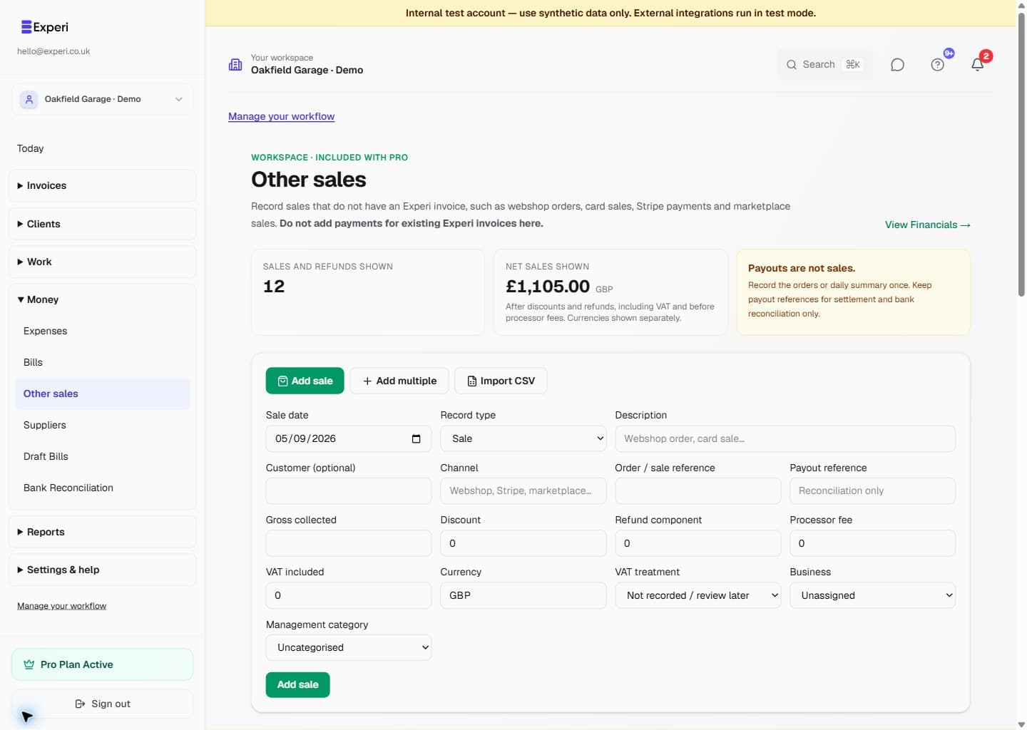 Other Sales page with Add sale, Add multiple and Import CSV controls, and a summary of twelve fictional non-invoice sales.