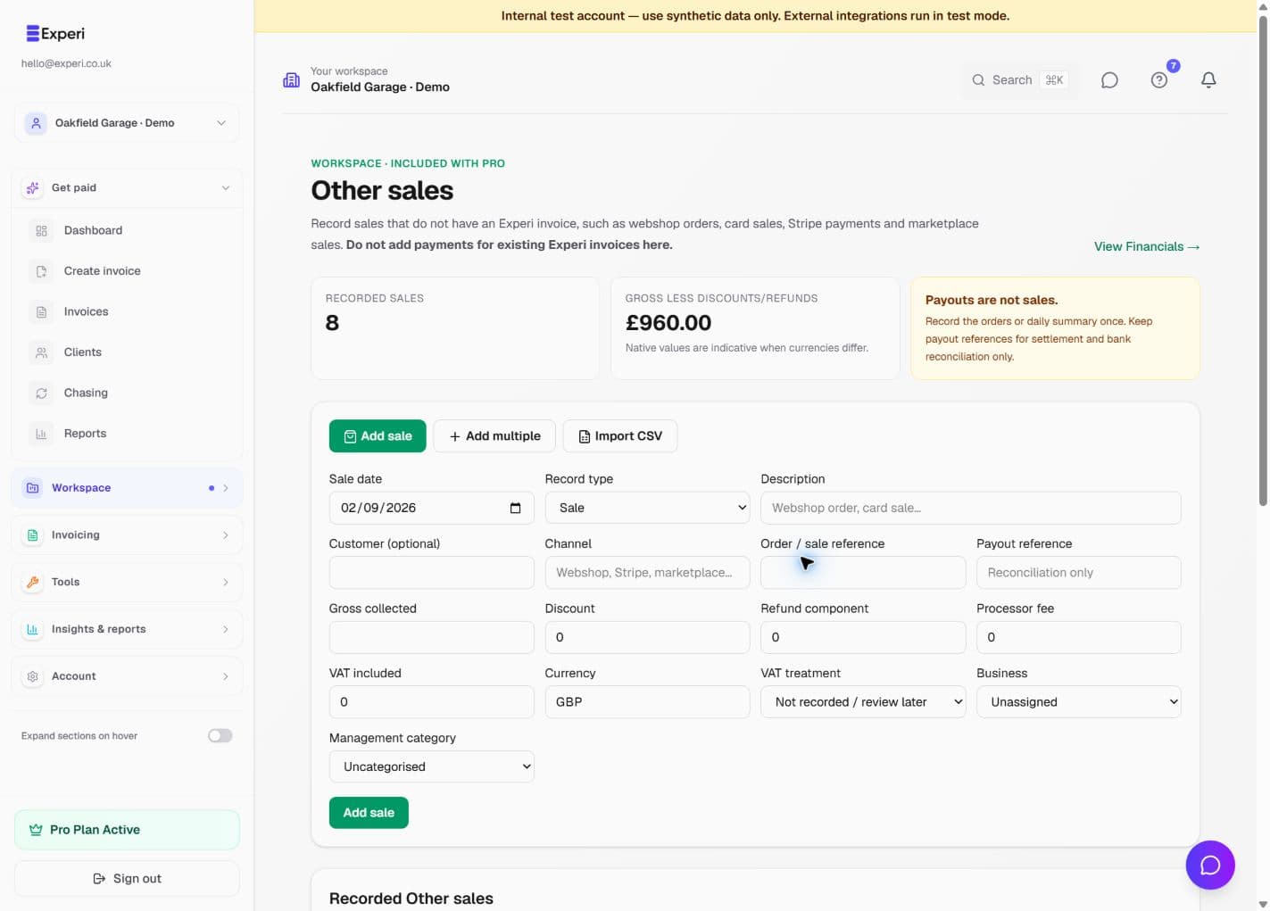 Other Sales entry form and fictional workshop counter-sale summaries.