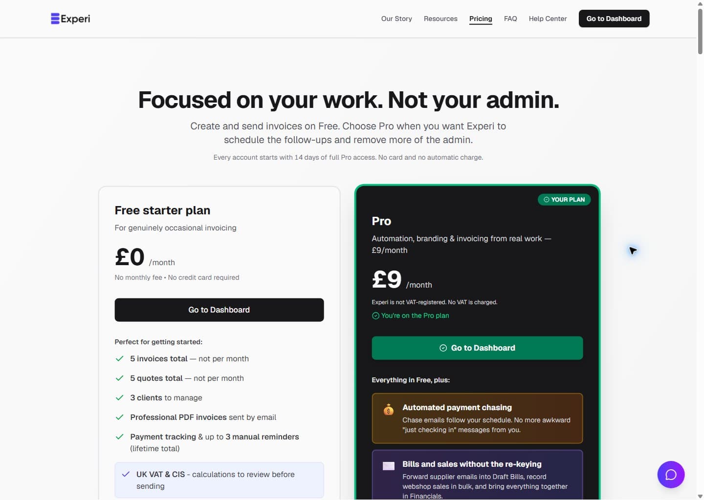 Experi pricing page comparing the £0 Free starter plan with £9-per-month Pro and explaining the 14-day trial.