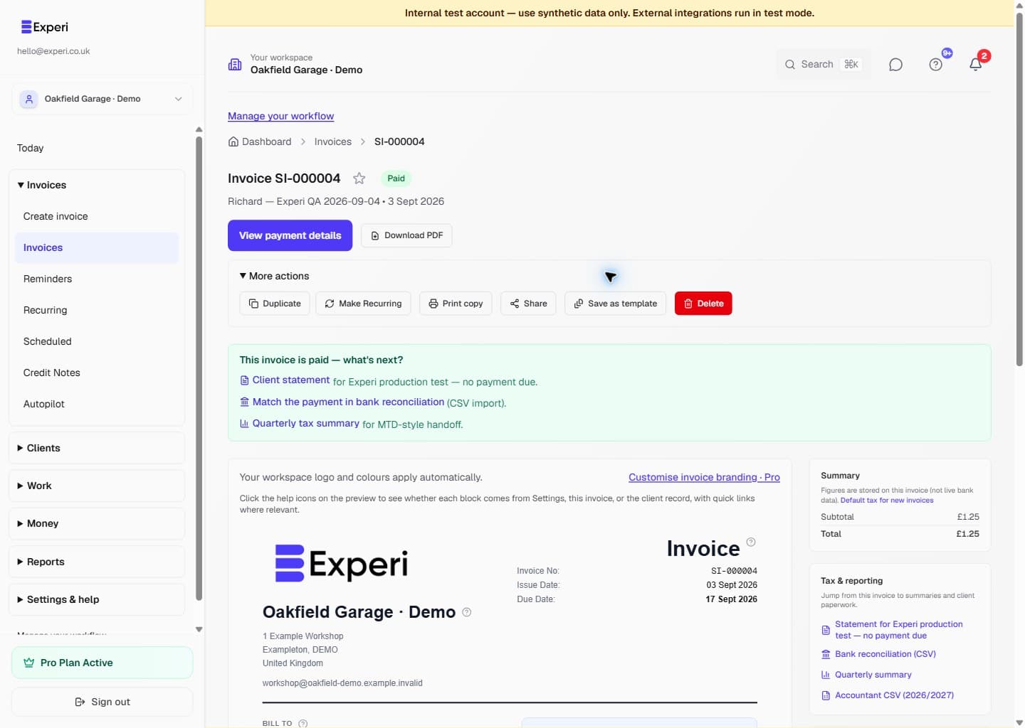 Experi invoice page with the More actions menu expanded to show the Print copy action alongside document tools.