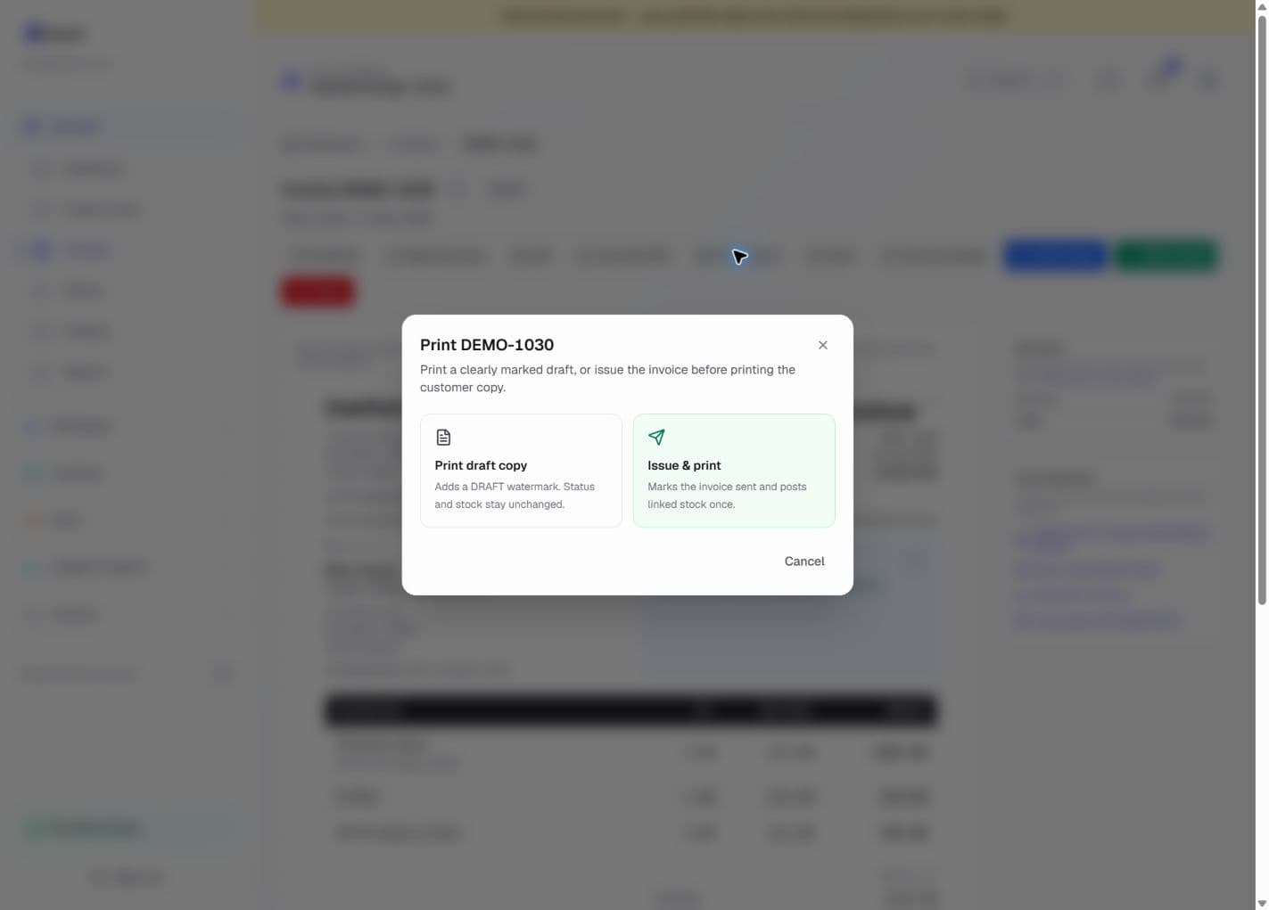 Print dialog with draft-copy and Issue & print choices.