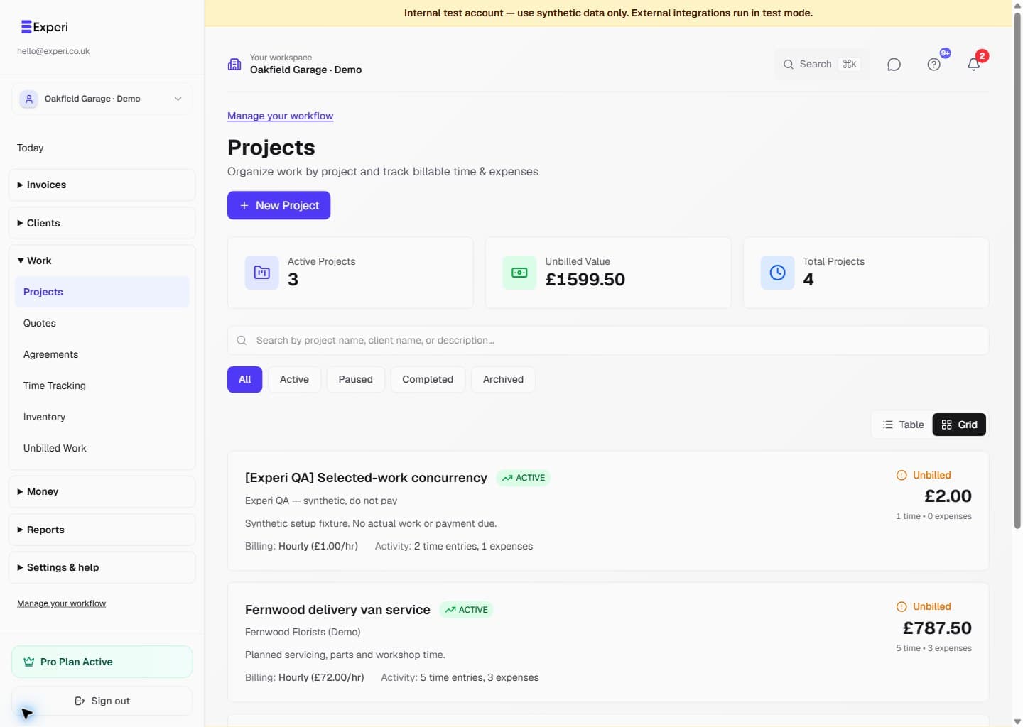 Projects list showing fictional servicing jobs and their billable work.