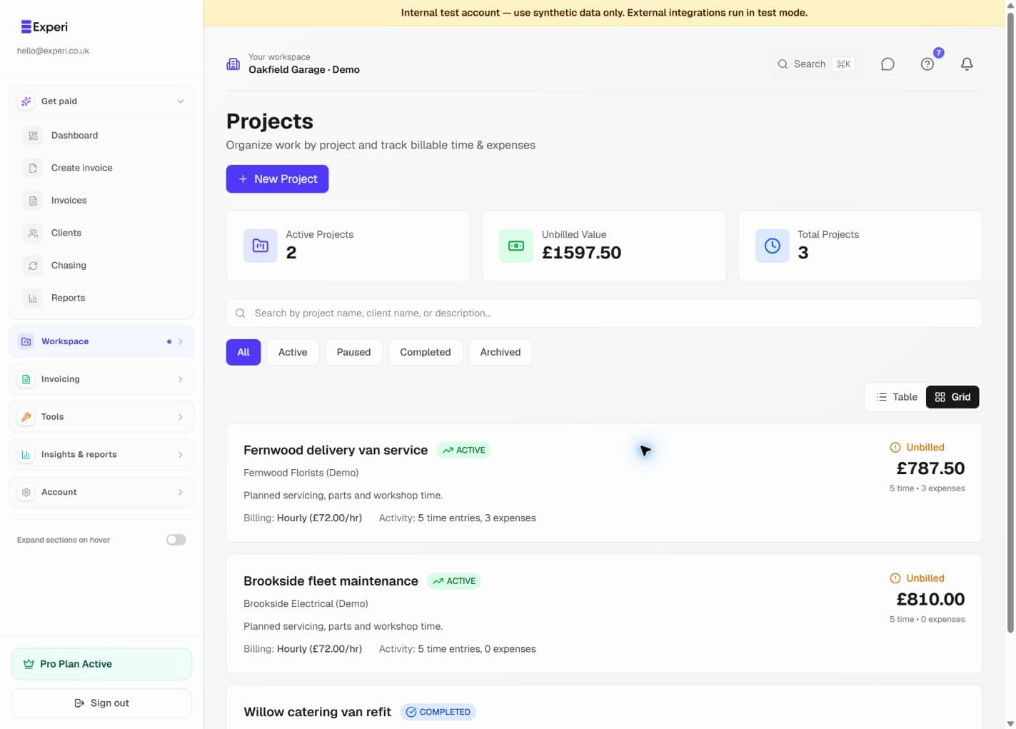 Projects list showing fictional servicing jobs and their billable work.