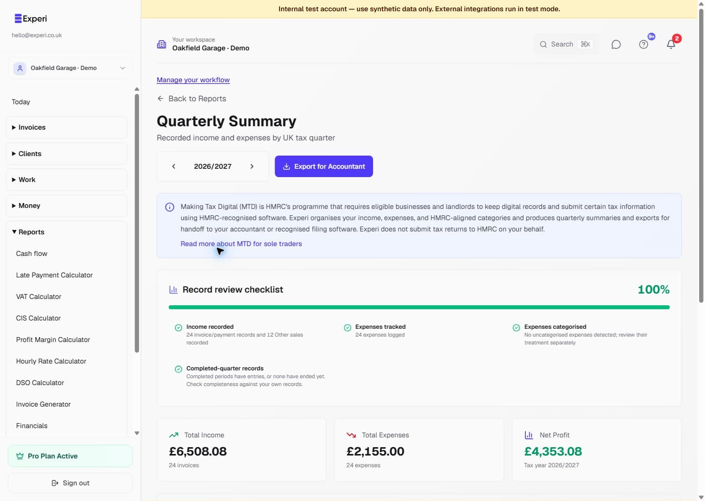 Quarterly Summary with a record-review checklist, recorded income and expenses, and an explicit filing-status disclaimer.