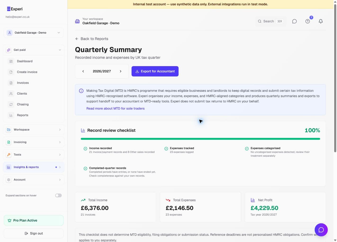 Quarterly Summary with a record-review checklist, recorded income and expenses, and an explicit filing-status disclaimer.