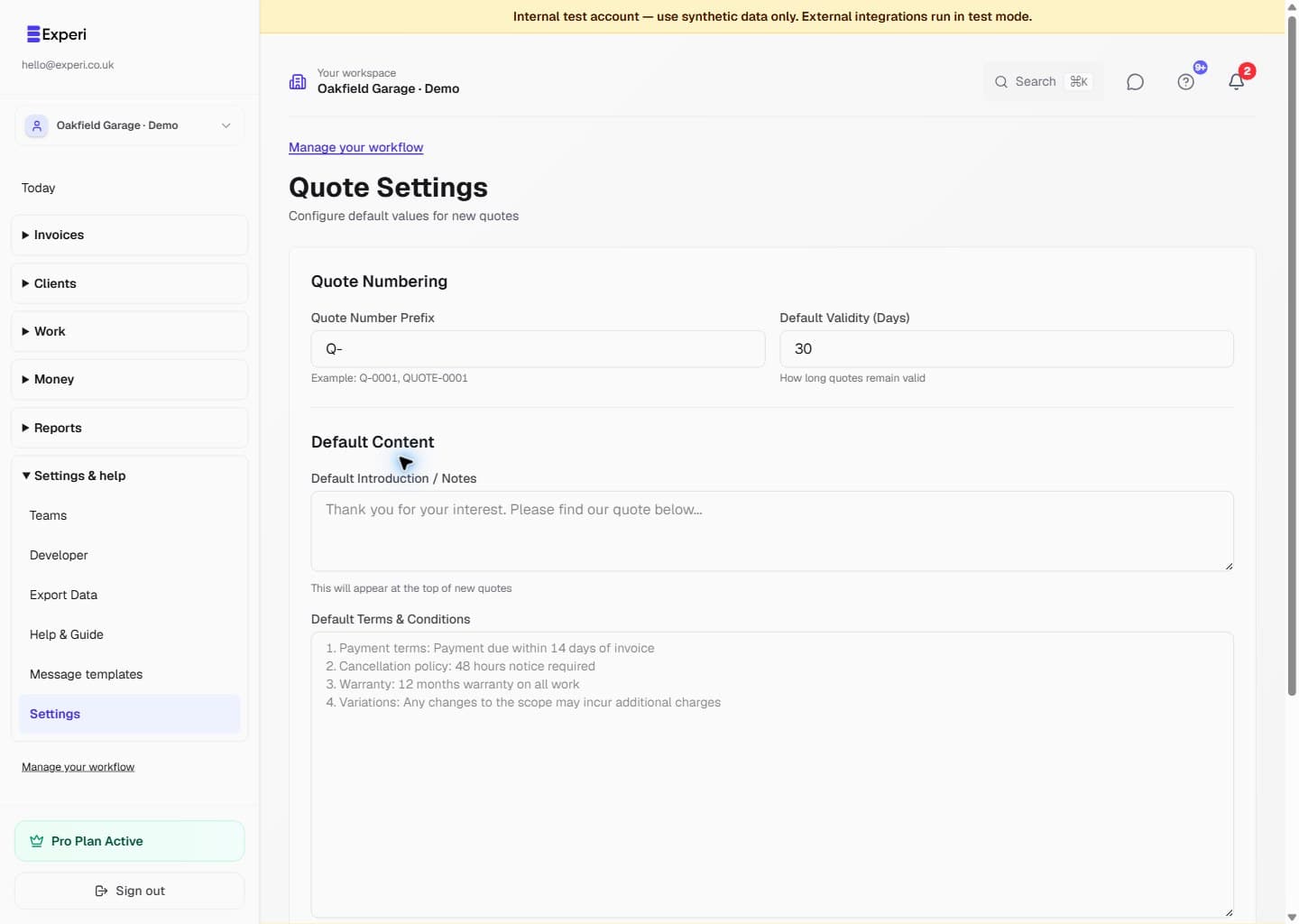 Quote Settings showing the numbering prefix, validity period, introduction and default terms, with deposit defaults below.