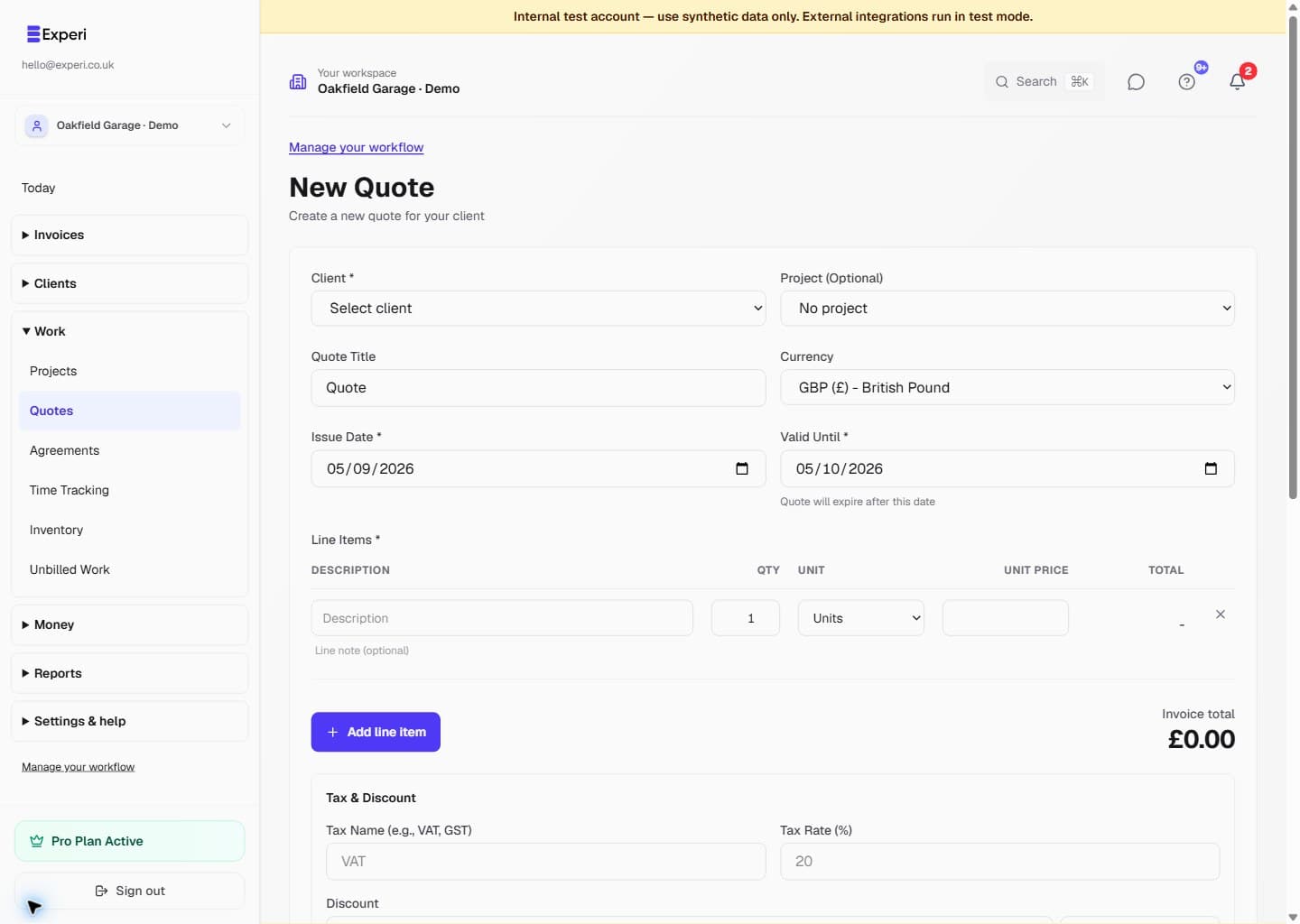 Experi New Quote form with client, title, validity dates, line items, terms and deposit controls ready to complete.