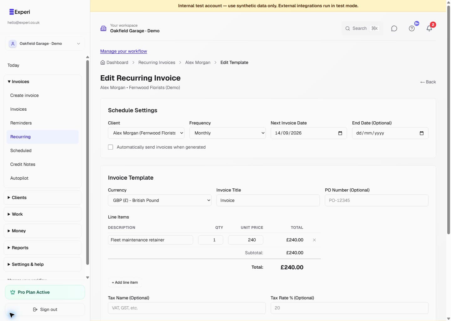 Recurring invoice editor for a fictional monthly fleet-maintenance retainer, showing frequency, next date, end date and line items with automatic sending unchecked.