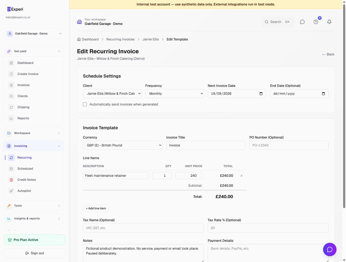 Recurring invoice editor for a fictional monthly fleet-maintenance retainer, showing frequency, next date, end date and line items with automatic sending unchecked.