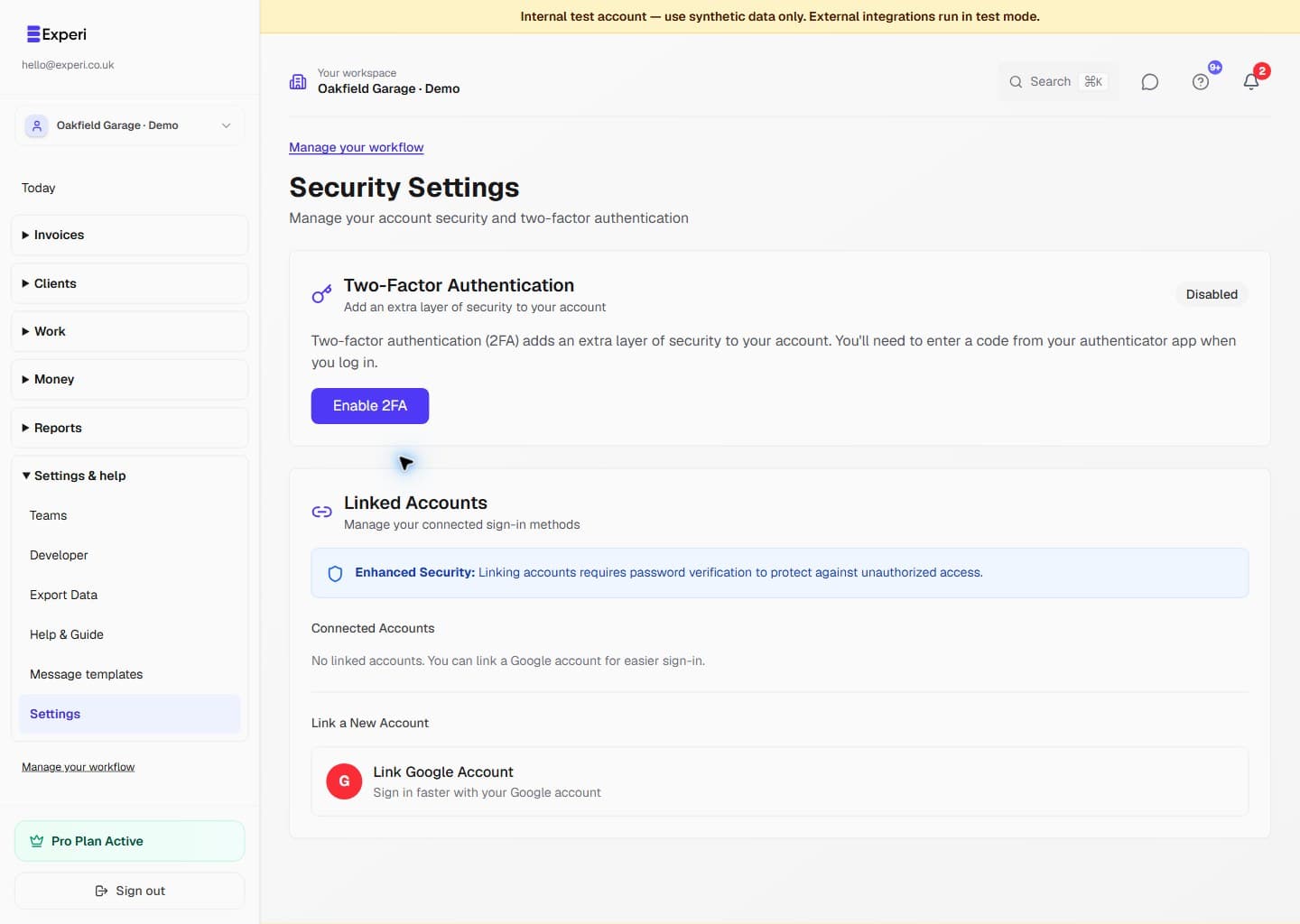 Security Settings with the Enable 2FA action and unconnected linked-account controls; no secret or backup code is displayed.