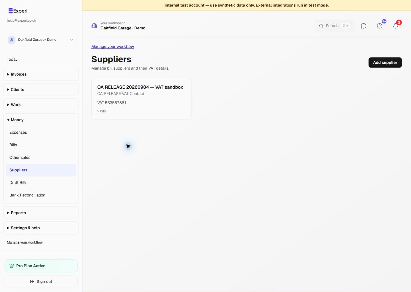 Experi Suppliers page with search, supplier records and an Add Supplier action in the current workspace layout.