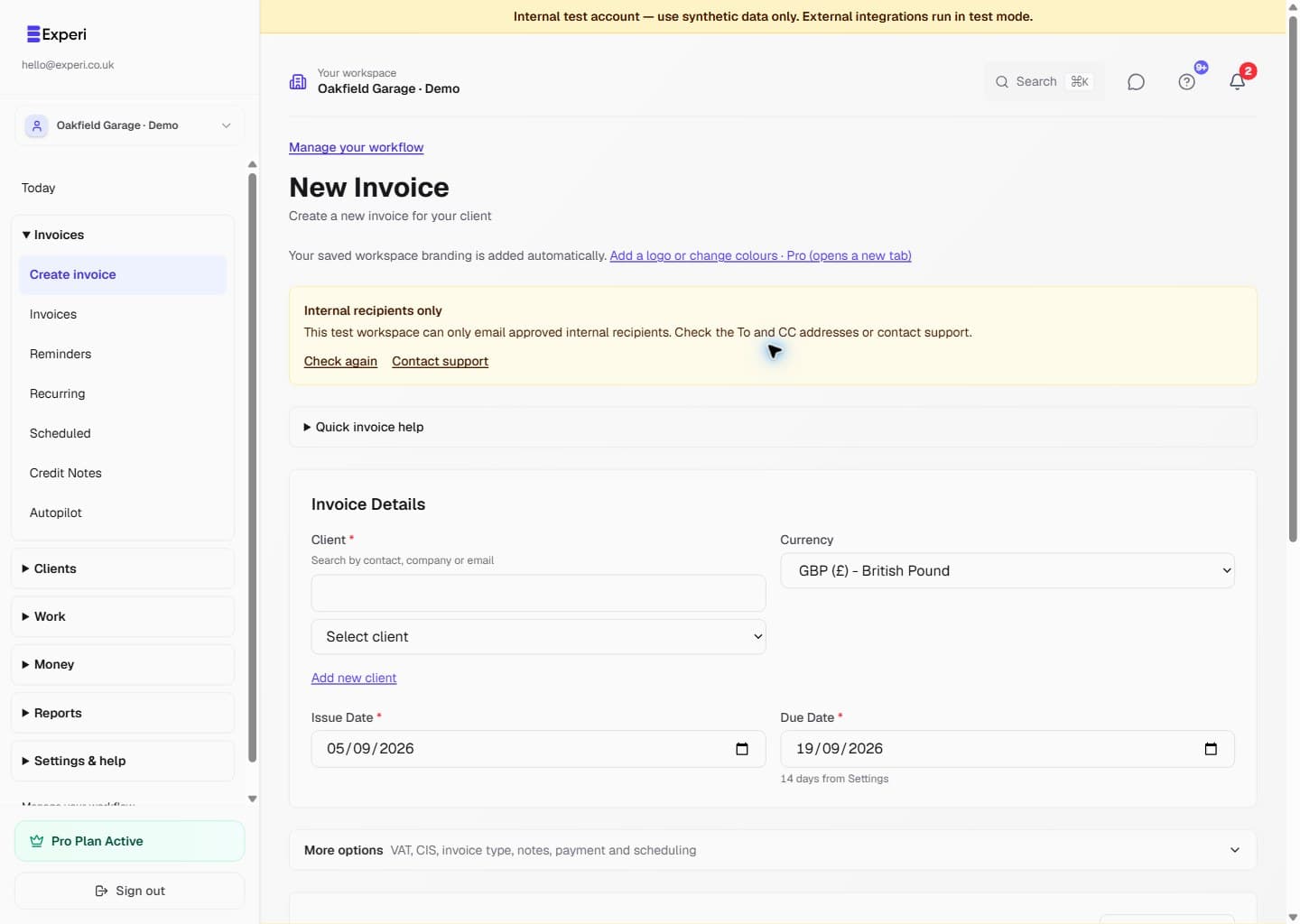 Current Experi New Invoice form with client, dates, currency, branding, line-item and payment-detail controls ready to complete.