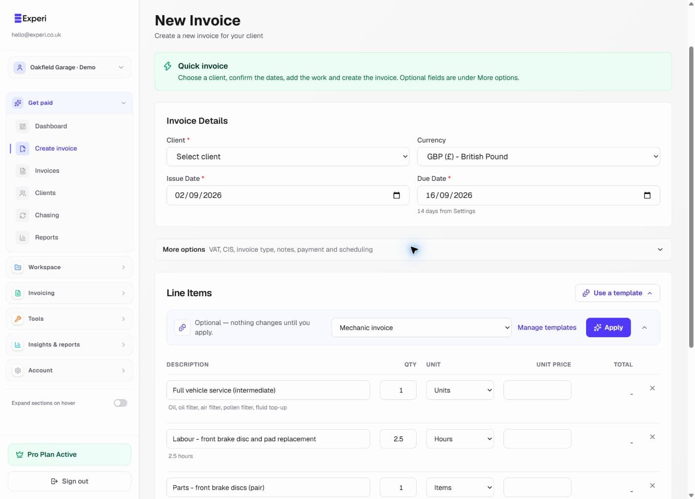Mechanic invoice template applied to an unsaved form, with service and labour descriptions and blank price fields.