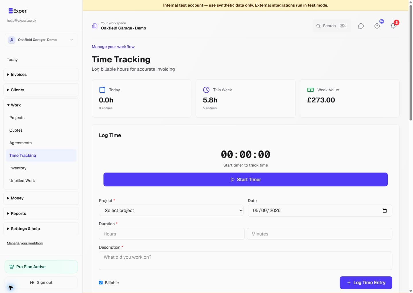 Time tracking with a timer, entry form and UK calendar-week totals.