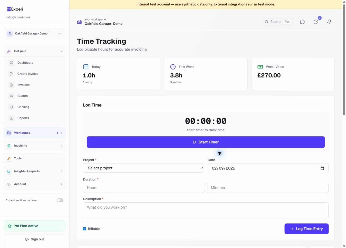 Time tracking with a timer, entry form and UK calendar-week totals.